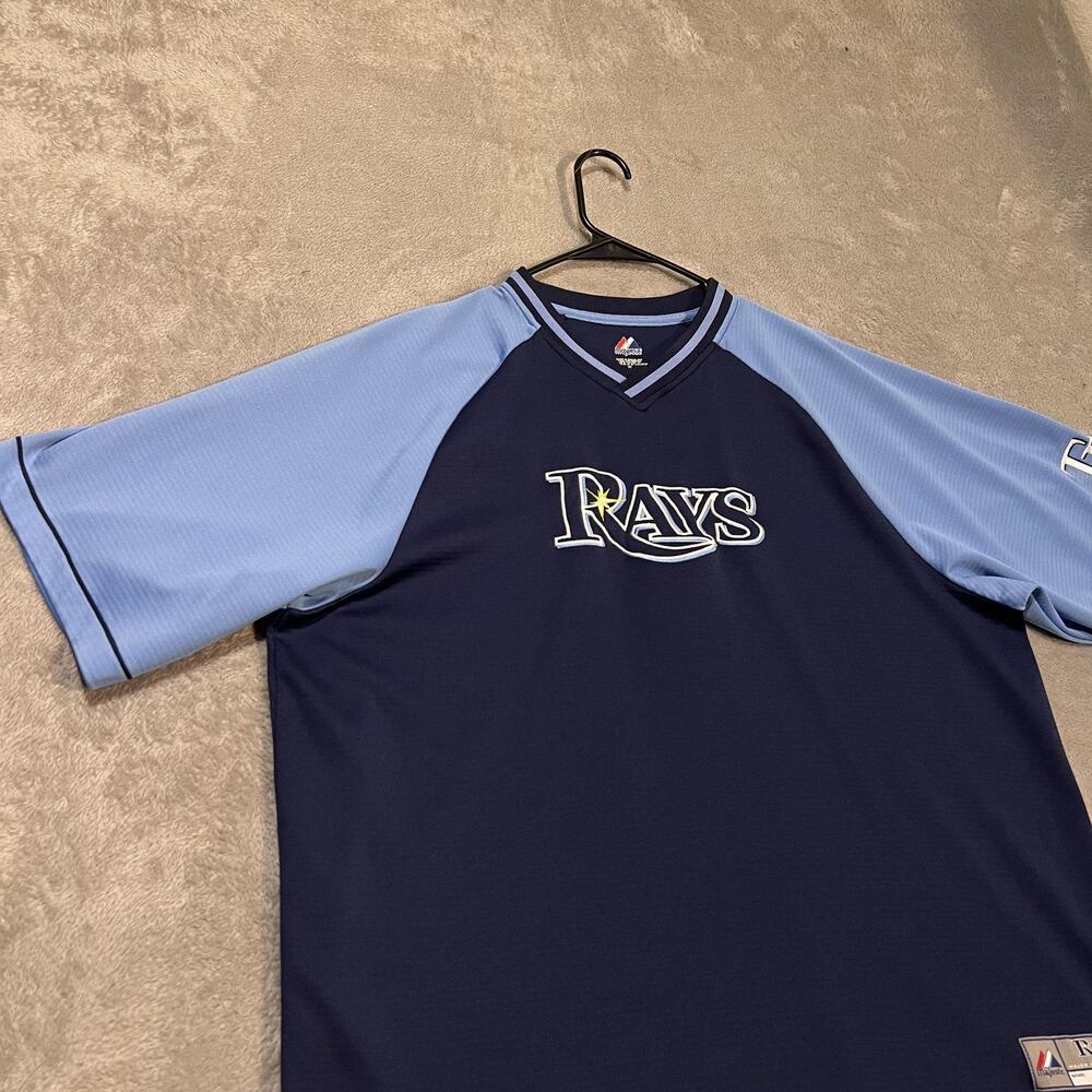 Tampa Bay Rays Shirt Mens XL Blue MLB Baseball Majestic V-Neck Raglan - Picture 2 of 9